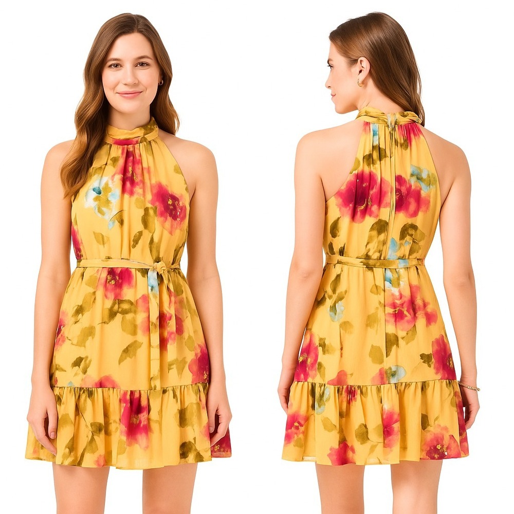 MSK Petites Metallic Above Knee Halter Dress Women's Size PS Yellow